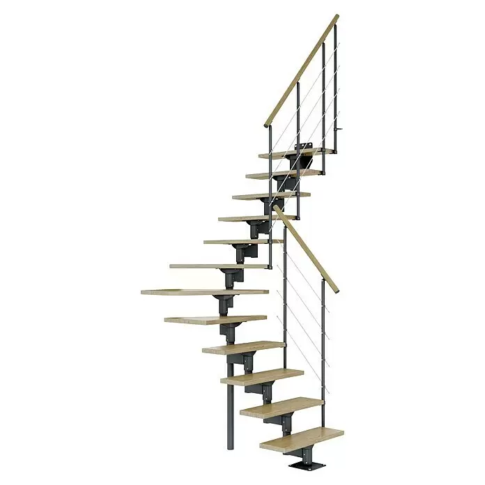 Dolle Mittelholmtreppe Boston - Breite: 74 mm, Anthrazitgrau, 1/4-gewendelt, Farbe Stufen: Eiche Natur, Geschosshöhe: 228 cm - 300 cm - Moderne gerade Treppe mit hellen Holzstufen, dunkelgrauem Metallrahmen und Holzhandlauf mit Seilgeländer.