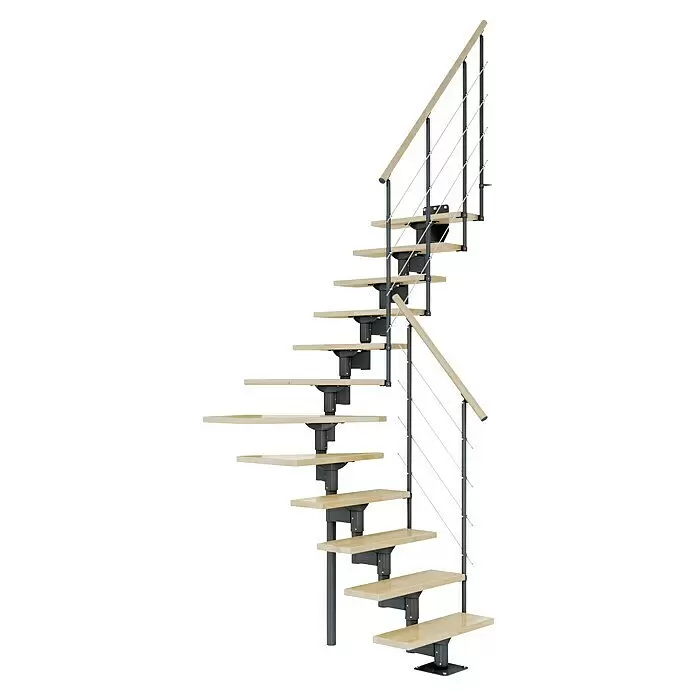 Dolle Mittelholmtreppe Boston - Breite: 74 mm, Anthrazitgrau, 1/4-gewendelt, Farbe Stufen: Buche Natur, Geschosshöhe: 228 cm - 300 cm - Diagonale Ansicht