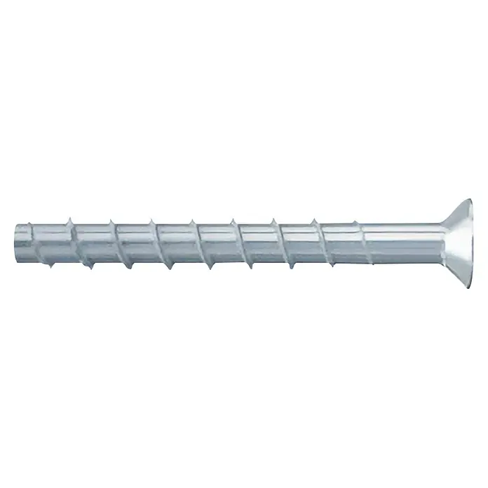 Fischer Tornillo para hormigón UltraCut FBS II SK - Ø x L: 8 x 60 mm, Acero, 4 ud. - Primer plano de un solo tornillo de acero para madera, con cabeza plana avellanada y rosca afilada.