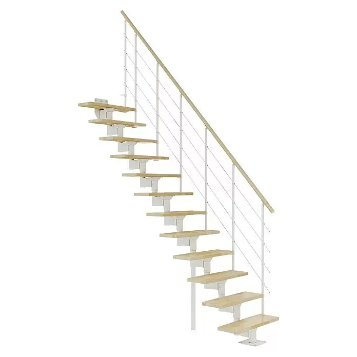 Dolle Mittelholmtreppe Boston - Breite: 74 mm, Verkehrsweiß, Gerade, Farbe Stufen: Buche Natur, Geschosshöhe: 228 cm - 300 cm - Freischwebende Treppe mit hellen Holzstufen, weißen Stützen, Holzhandlauf und Seilgeländer.