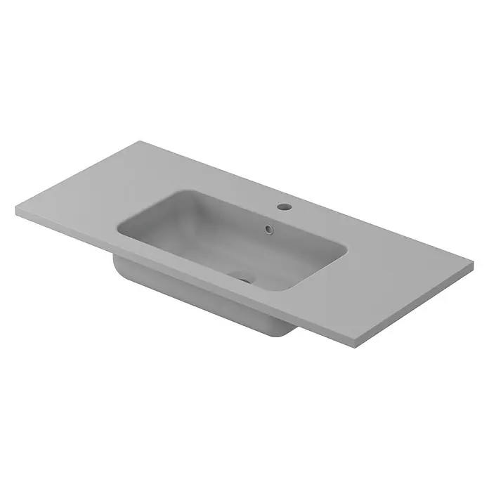 Lavabo Zeppelin mate - 100,5 x 45,5 cm, Orificios para grifo: Medio, Con desbordamiento, Gris - Imagen de una encimera de tocador gris moderna con lavabo integrado y orificio para grifo para un diseño de baño elegante.