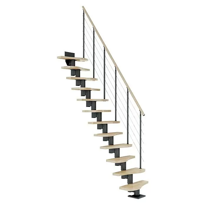 Dolle Mittelholmtreppe Basel - Breite: 64 mm, Anthrazitgrau, Variabel, Farbe Stufen: Buche Natur, Geschosshöhe: 258 cm - 315 cm - Moderne Kragarmtreppe mit hellen Holzstufen, dunklem Metallgestell und passendem Holzgeländer.