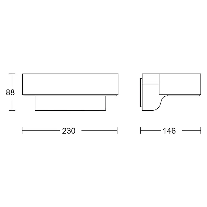 Steinel Aplique exterior LED con sensor L 800 SC - L x An x Al: 14,6 x 23 x 8,8 cm - Dibujo técnico de un cuerpo de luminaria con dimensiones. La luminaria tiene una altura de 88 mm, una anchura de 230 mm y una profundidad de 146 mm.