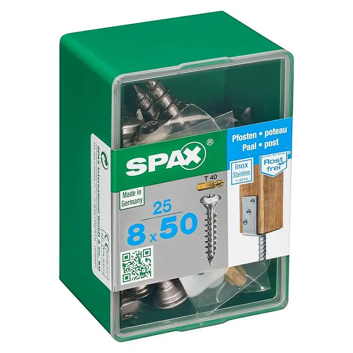Spax T-Star plus Verbindungsschraube T-Star plus - Ø x L: 8 x 50 mm, Edelstahl, 25 Stk., Zentrierkopf, Vollgewinde - Dose Spax Pfostenschrauben 8x50mm, ideal für den Außenbereich. Rostfreier Edelstahl für dauerhaften Halt.
