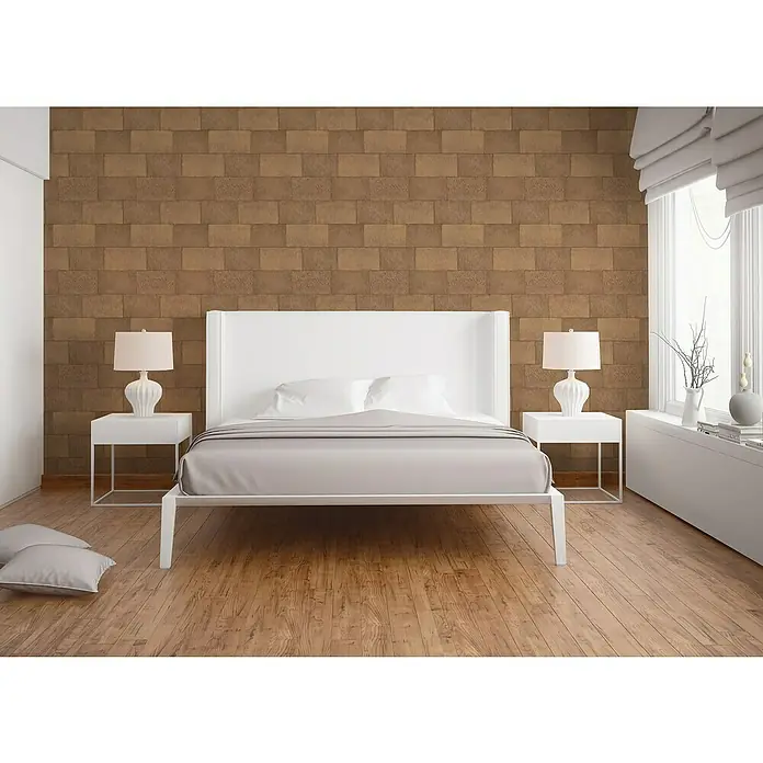 A.S. Création Titanium 3 Vliestapete - Kupfer, Steinoptik, 10,05 x 0,53 m - Ein modernes Schlafzimmer mit einem weißen Bett, Nachttischen und Lampen, ideal für eine stilvolle und ruhige Atmosphäre.