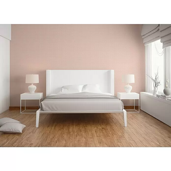 A.S. Création Trendwall 2 Vliestapete Art Deco groß - Rosa, Grafisch, 10,05 x 0,53 m - Hellrosa Tapete mit dezentem geometrischem Muster an einer Schlafzimmerwand.