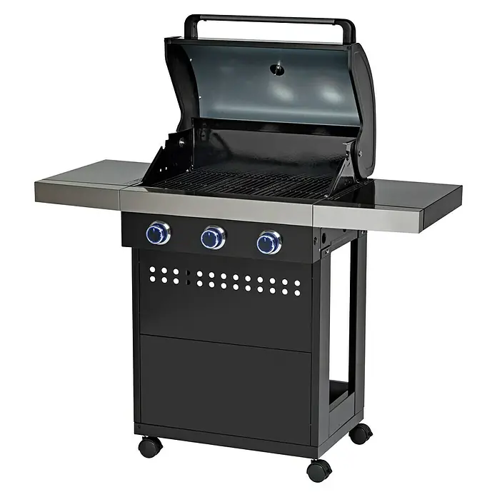 Grillstar Barbacoa de gas Atlanta II 300 - Superficie de la parrilla (An x Pr): 62 x 41,5 cm, 10,5 kW, Número de quemadores: 3 - Parrilla de gas negra con tres quemadores, estantes laterales y una tapa abierta para una óptima experiencia de asado al aire libre.