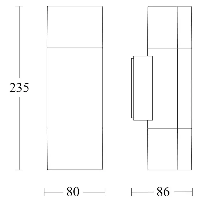 Steinel LED-Außenwandleuchte L 910 anthrazit - 9,8 W, 8,5 x 8 x 23,5 cm, Anthrazit, IP44 - Schematische Darstellung eines Produkts mit den Maßen 235 mm Höhe, 80 mm bzw. 86 mm Breite. Gut geeignet für technische Dokumentationen.