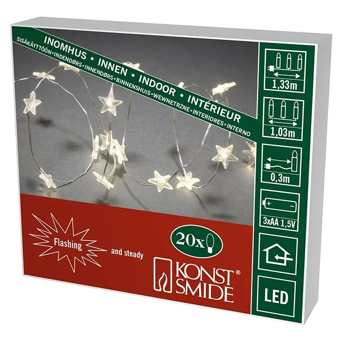 Konstsmide LED-Lichterkette Leuchtsterne - Innen, Lichtfarbe: Warmweiß, Anzahl Leuchtmittel: 20 Stk., Batteriebetrieben - Produktbild einer LED-Lichterkette mit Sternen für den Innenbereich, batteriebetrieben und mit Blinkfunktion.