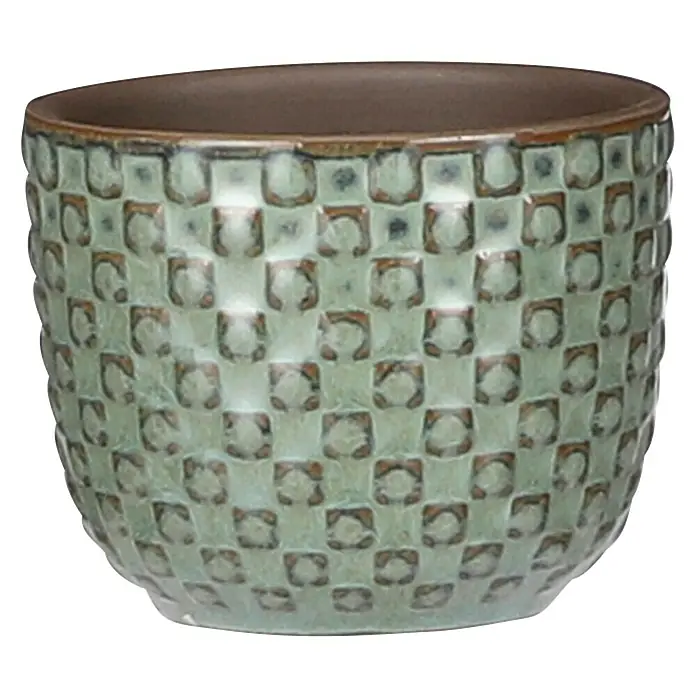 Mica Decorations Cubremaceta redondo Daan - Dimensiones externas (Ø x Al): 7,5 x 6,5 cm, Verde, Cerámica - Aquí hay una jardinera estampada de color verde claro con un borde y un interior marrones.
