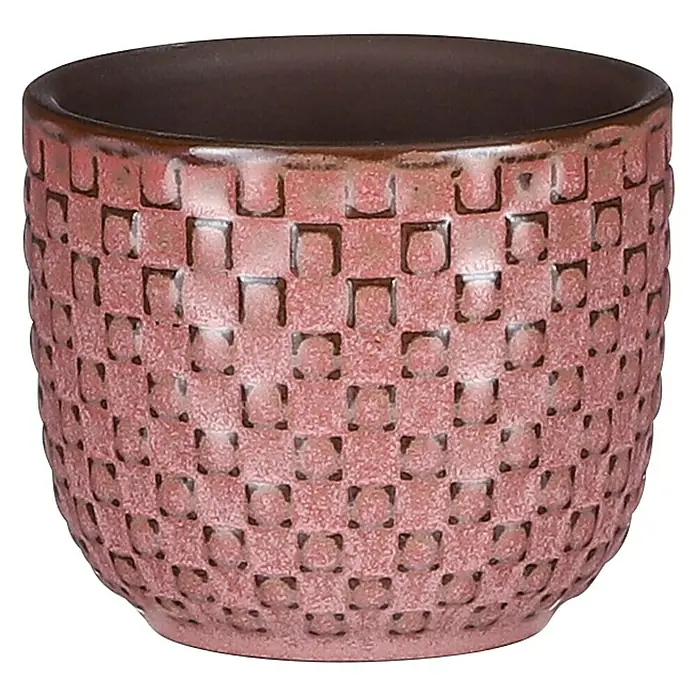 Mica Decorations Cubremaceta redondo Daan - Dimensiones externas (Ø x Al): 7,5 x 6,5 cm, Fucsia, Cerámica - Primer plano de una maceta de cerámica con un diseño único de tejido cuadrado y un acabado brillante.