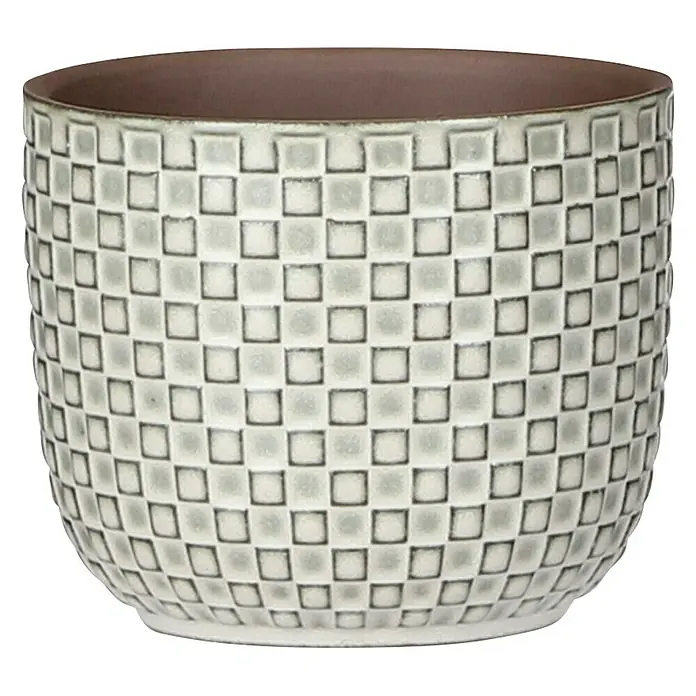 Mica Decorations Cubremaceta redondo Daan - Dimensiones externas (Ø x Al): 7,5 x 6,5 cm, Blanco, Cerámica - Primer plano de una maceta beige con un patrón cuadrado, ideal para plantas de interior y para decorar tu espacio habitable.