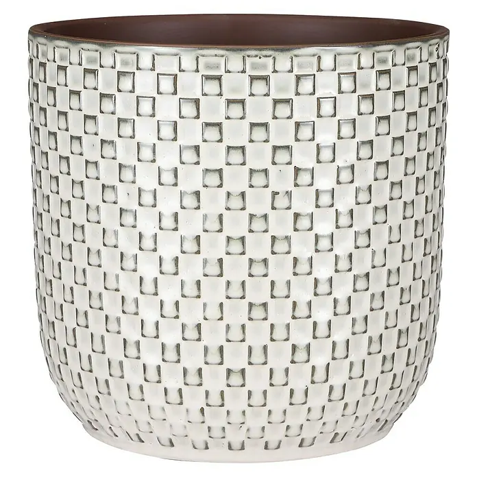 Mica Decorations Cubremaceta redondo Daan - Dimensiones externas (Ø x Al): 21,5 x 20,5 cm, Blanco, Cerámica - Elegante maceta con patrón cuadrado, perfecta para plantas de interior. Su color neutro complementa cualquier decoración.