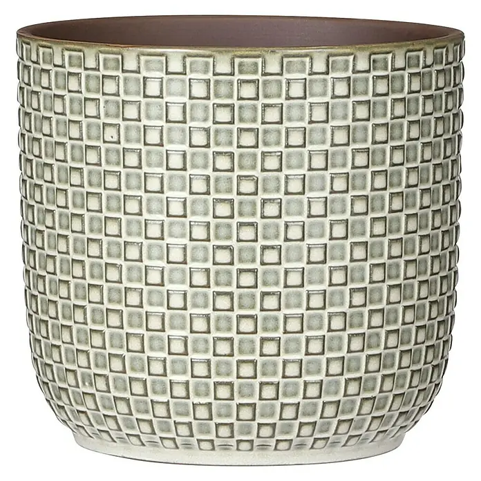 Mica Decorations Cubremaceta redondo Daan - Dimensiones externas (Ø x Al): 17 x 16 cm, Blanco, Cerámica - Una maceta de cerámica con un patrón de tablero de ajedrez en tonos grises y blancos, con forma cilíndrica y una base ligeramente cónica.