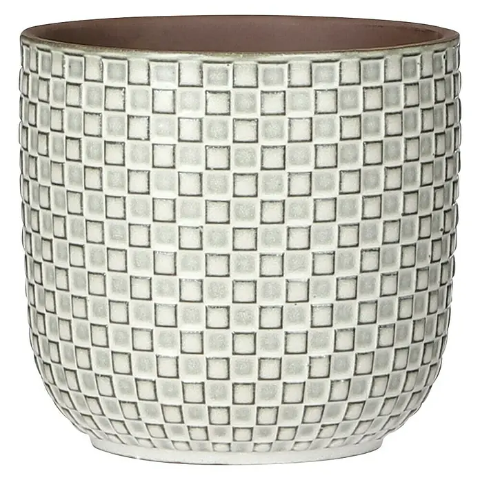Mica Decorations Cubremaceta redondo Daan - Dimensiones externas (Ø x Al): 13,5 x 13 cm, Blanco, Cerámica - Primer plano de una jardinera cilíndrica con un patrón cuadrado y un borde marrón. La jardinera tiene una textura suave y un diseño elegante.