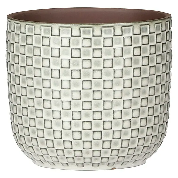 Mica Decorations Cubremaceta redondo Daan - Dimensiones externas (Ø x Al): 12 x 11 cm, Blanco, Cerámica - Primer plano de una maceta decorativa cilíndrica con un patrón de tablero de ajedrez e interior marrón, ideal para plantas de interior.