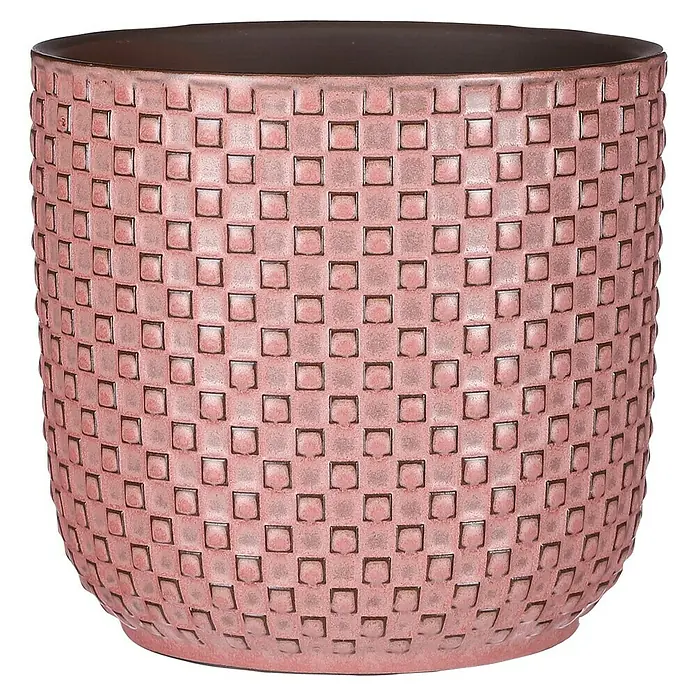 Mica Decorations Cubremaceta redondo Daan - Dimensiones externas (Ø x Al): 17 x 16 cm, Fucsia, Cerámica - Primer plano de una maceta rosa con un patrón cuadrado, ideal para plantas de interior y para añadir un toque decorativo a los espacios interiores.