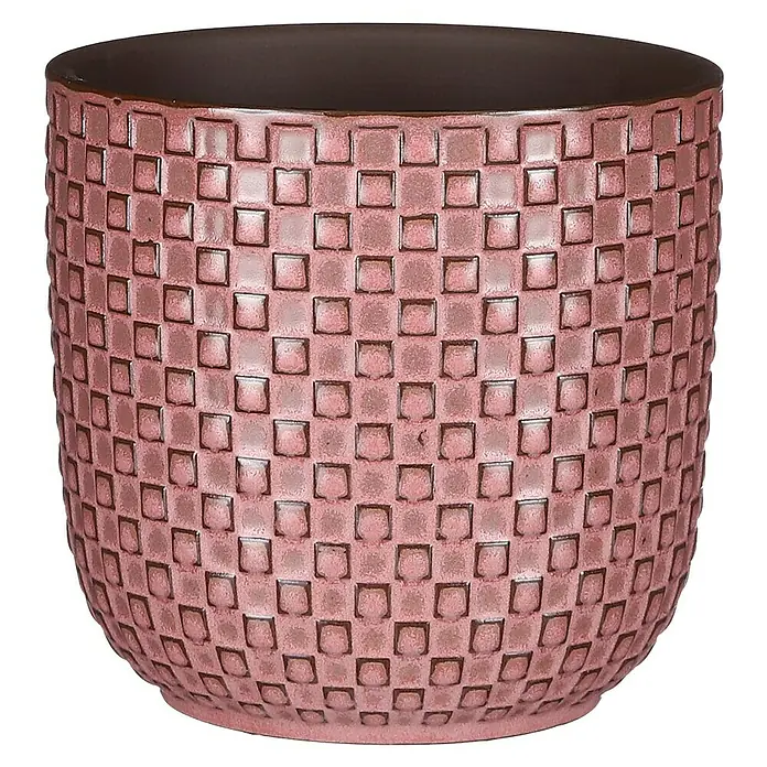 Mica Decorations Cubremaceta redondo Daan - Dimensiones externas (Ø x Al): 11 x 9 cm, Fucsia, Cerámica - Primer plano de una maceta rosa con un diseño de patrón cuadrado y un interior oscuro.