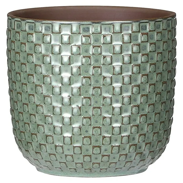 Mica Decorations Cubremaceta redondo Daan - Dimensiones externas (Ø x Al): 13,5 x 13 cm, Verde, Cerámica - Maceta decorativa verde con un patrón cuadrado para plantas de interior o jardín.