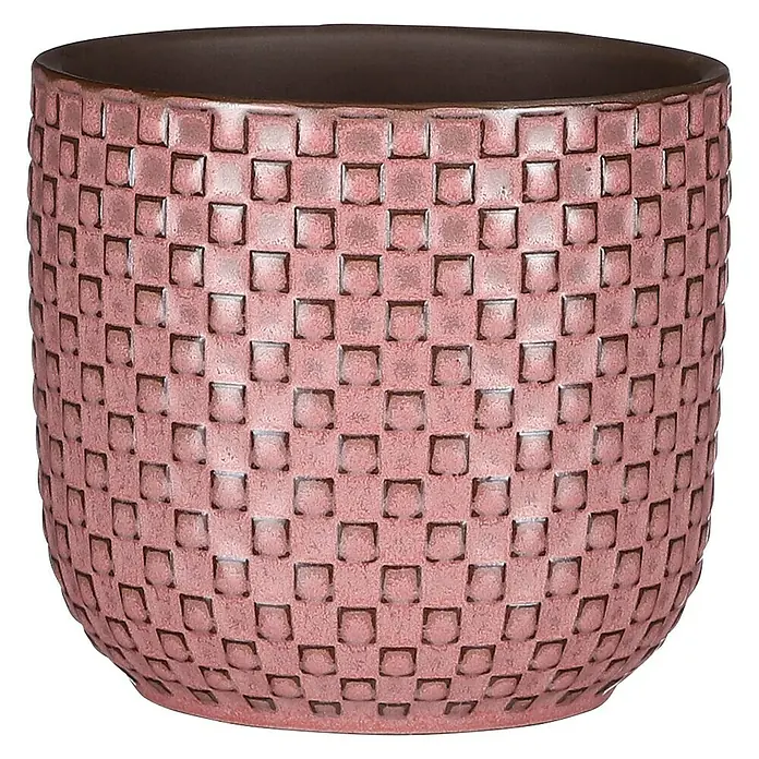 Mica Decorations Cubremaceta redondo Daan - Dimensiones externas (Ø x Al): 12 x 11 cm, Fucsia, Cerámica - Primer plano de una maceta rosa con un patrón de tejido cuadrado, que añade un toque elegante y moderno.
