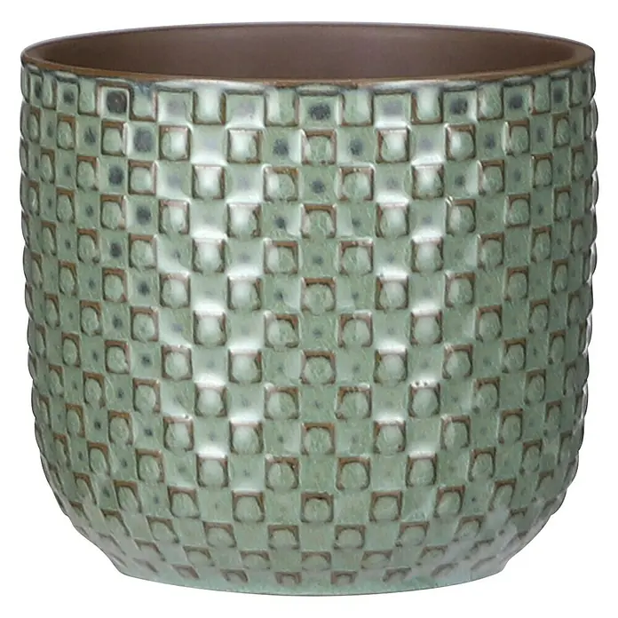 Mica Decorations Cubremaceta redondo Daan - Dimensiones externas (Ø x Al): 12 x 11 cm, Verde, Cerámica - Esta maceta verde de alta calidad con interior marrón y diseño cuadrado es ideal para plantas de interior, añadiendo un toque elegante a cualquier espacio.