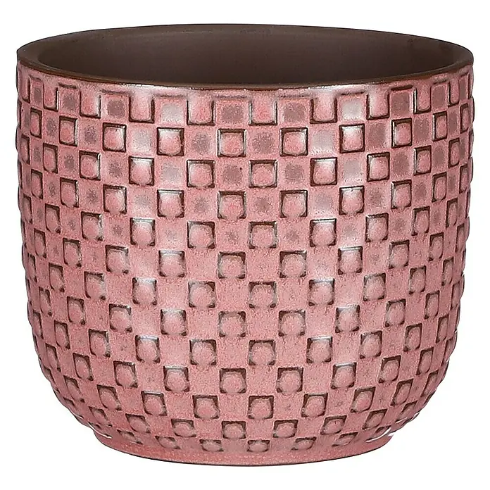 Mica Decorations Cubremaceta redondo Daan - Dimensiones externas (Ø x Al): 11 x 9 cm, Fucsia, Cerámica - Primer plano de una maceta rosa texturizada con interior oscuro, perfecta para plantas de interior y decoración de jardín.