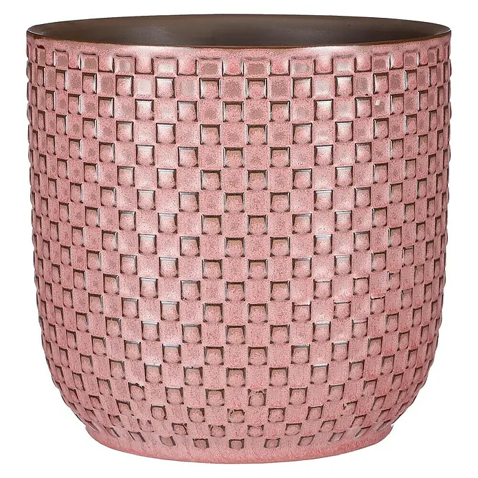 Mica Decorations Übertopf rund Daan - Außenmaß (Ø x H): 19 cm x 17,5 mm, Hellrosa, Keramik - Nahaufnahme eines rosa Keramik-Blumentopfs mit quadratischem Muster, ideal für Zimmerpflanzen.