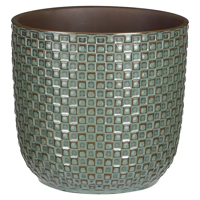 Mica Decorations Cubremaceta redondo Daan - Dimensiones externas (Ø x Al): 19 cm x 17,5 mm, Verde, Cerámica - Una maceta cilíndrica con un patrón de azulejos cuadrados en tonos azules y marrones apagados.