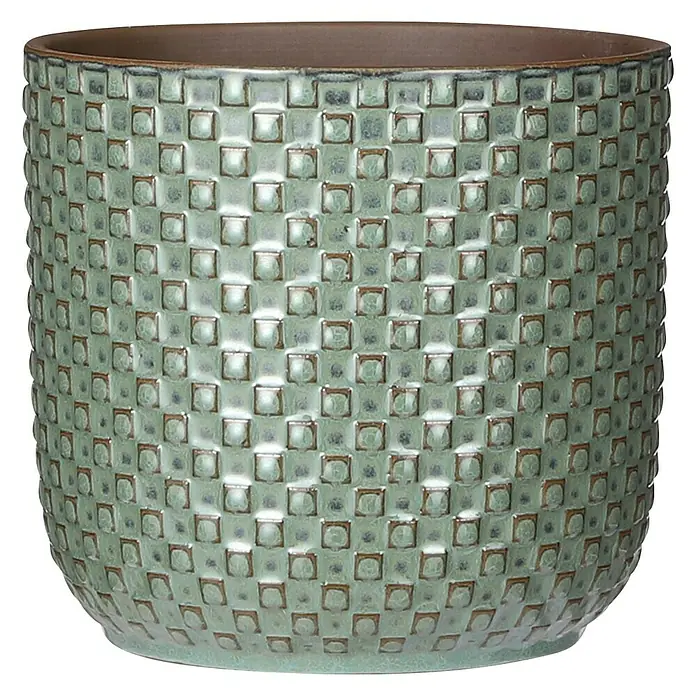 Mica Decorations Cubremaceta redondo Daan - Dimensiones externas (Ø x Al): 7,5 x 6,5 cm, Verde, Cerámica - Esta elegante maceta de color verde menta con un patrón cuadrado y un borde marrón es un complemento chic para cualquier hogar.