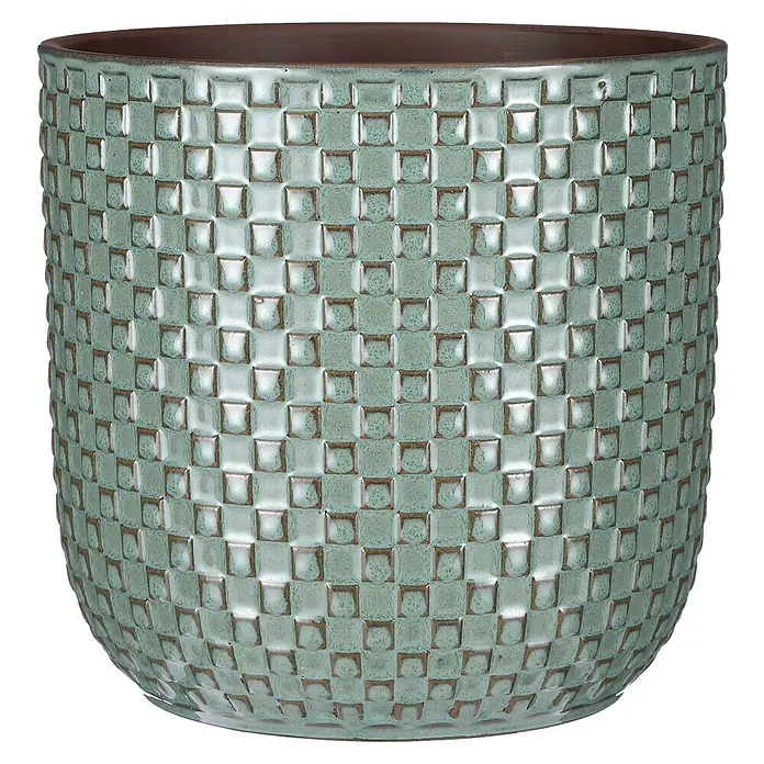 Mica Decorations Cubremaceta redondo Daan - Dimensiones externas (Ø x Al): 21,5 x 20,5 cm, Verde, Cerámica - Maceta de cerámica verde claro con diseño cuadrado y borde marrón. Ideal para plantas de interior y decoración.