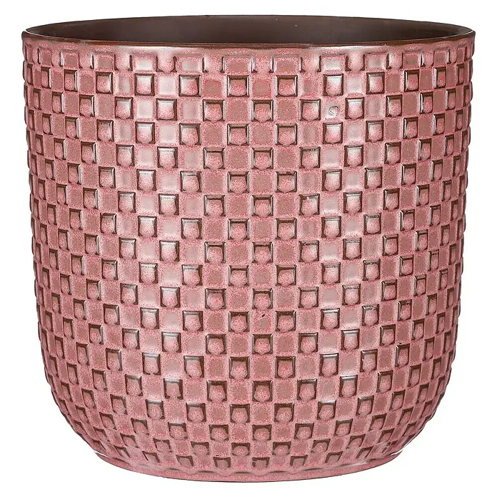 Mica Decorations Cubremaceta redondo Daan - Dimensiones externas (Ø x Al): 21,5 x 20,5 cm, Fucsia, Cerámica - Maceta rosa con patrón cuadrado, ideal para plantas de interior y mejorar la decoración del hogar.