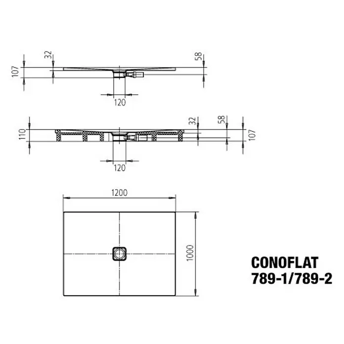 Kaldewei Duschwanne Conoflat 789-1 - L x B: 100 x 120 cm, Stahl, Weiß - Technische Zeichnung des CONOFLAT 789-1/789-2 mit Abmessungen für Installation und Planung.