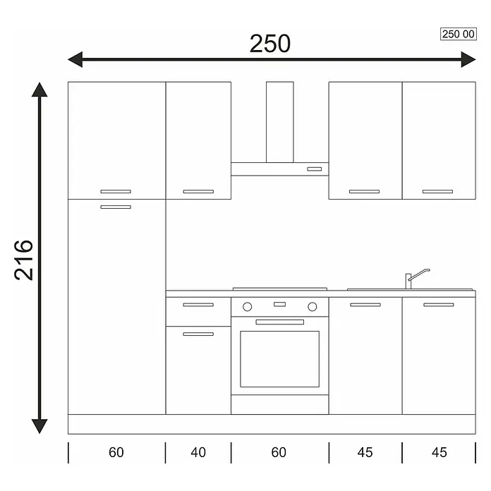 Marinelli Cucine Vormontierte Küchenzeile Idra - Breite: 250 cm, Weiß, Mit Elektrogeräten - Bild einer Küchenzeile mit Schränken, Herd und Spüle, Maße 250 x 216 cm.