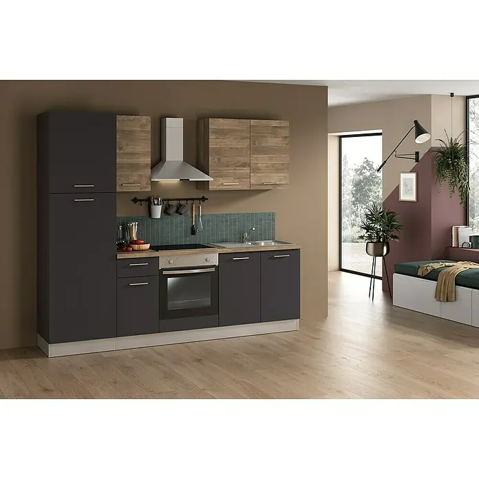 Marinelli Cucine Vormontierte Küchenzeile Vega - Breite: 250 cm, Anthrazit/Nuss, Mit Elektrogeräten - Diese moderne Küche bietet viel Stauraum und verfügt über stilvolle Schränke in Grau und Holzoptik. Die perfekte Kombination für jede Wohnung.
