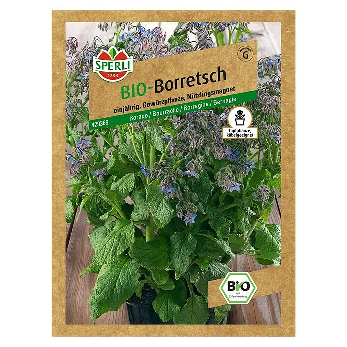 Sperli Kräutersamen Bio Borretsch - Borago officinalis, Saatzeit: März, Erntezeit: Mai - Produktbild von "BIO-Borretsch" Samen von Sperli, einjährige Gewürzpflanze, die sich als Topfpflanze eignet.