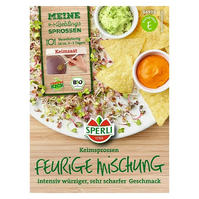 Sperli Gemüsesamen Keimsprossen - Feurige Mischung, Verschiedene Sorten, Erntezeit: Ganzjährig - Produktbild der "Feurige Mischung" Keimsprossen von Sperli. Intensiv würziger Geschmack, ideal für Salate und als Brotbelag.