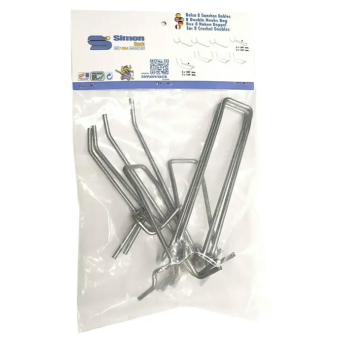 Simonrack Panelclick Lochwandhaken-Set - 8 Stk. - Verpackung mit 8 Doppel-Haken von Simon Rack, ideal zum Aufhängen von Gegenständen in Werkstätten oder Garagen.