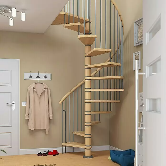 Dolle Spindeltreppe Winnipeg - Durchmesser: 140 cm, Basaltgrau, Farbe Stufen: Buche Natur, Geschosshöhe: 246 cm - 270 cm - Eine moderne Wendeltreppe aus hellem Holz mit grauen Metallgeländern in einem Hauseingang.