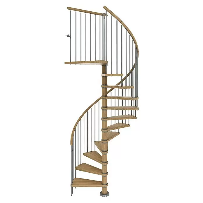 Dolle Spindeltreppe Winnipeg - Durchmesser: 120 cm, Basaltgrau, Farbe Stufen: Eiche Natur, Geschosshöhe: 266,5 cm - 292,5 cm - Moderne Wendeltreppe mit hellen Holzstufen und Mittelpfosten sowie schlanken Metallgeländern.