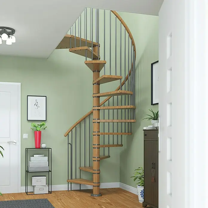 Dolle Spindeltreppe Winnipeg - Durchmesser: 120 cm, Basaltgrau, Farbe Stufen: Eiche Natur, Geschosshöhe: 266,5 cm - 292,5 cm - Eine elegante Wendeltreppe aus Holz und Metall, die sich in einem stilvollen Interieur befindet.