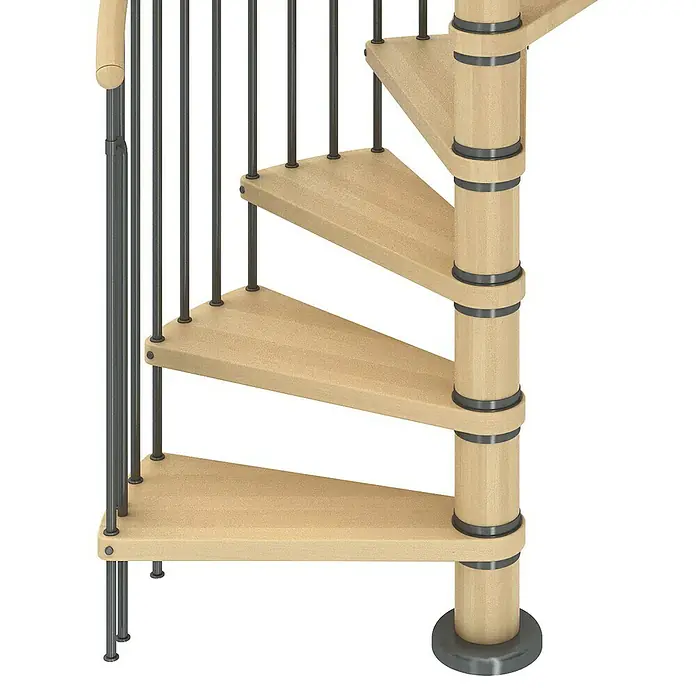 Dolle Spindeltreppe Winnipeg - Durchmesser: 140 cm, Basaltgrau, Farbe Stufen: Buche Natur, Geschosshöhe: 246 cm - 270 cm - Nahaufnahme einer Wendeltreppe aus Holz mit Geländer aus Metall. Die Treppe ist elegant und modern gestaltet.