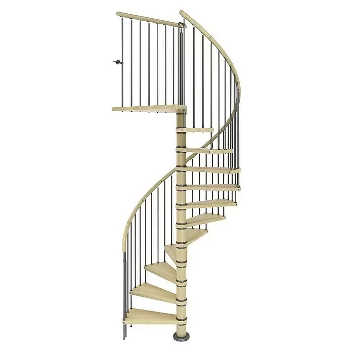 Dolle Spindeltreppe Winnipeg - Durchmesser: 140 cm, Basaltgrau, Farbe Stufen: Buche Natur, Geschosshöhe: 246 cm - 270 cm - Wendeltreppe aus hellem Holz mit dunklen Metallgeländern und Akzenten.