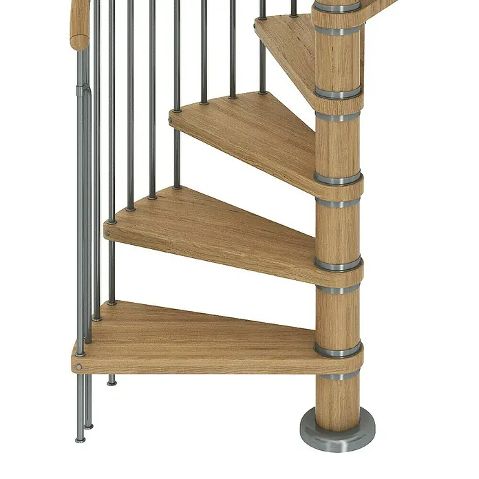 Dolle Spindeltreppe Winnipeg - Durchmesser: 120 cm, Basaltgrau, Farbe Stufen: Eiche Natur, Geschosshöhe: 266,5 cm - 292,5 cm - Nahaufnahme einer Wendeltreppe mit Holzstufen und Metallgeländer, die sich spiralförmig nach oben windet.