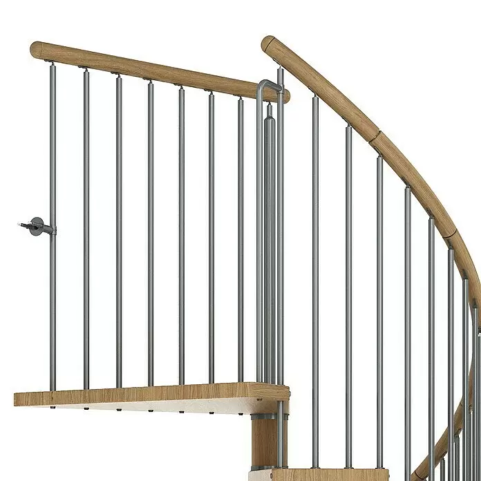 Dolle Spindeltreppe Winnipeg - Durchmesser: 120 cm, Basaltgrau, Farbe Stufen: Eiche Natur, Geschosshöhe: 266,5 cm - 292,5 cm - Moderne Wendeltreppen-Balustrade mit hellem Holzhandlauf und grauen Metallgeländerstäben.