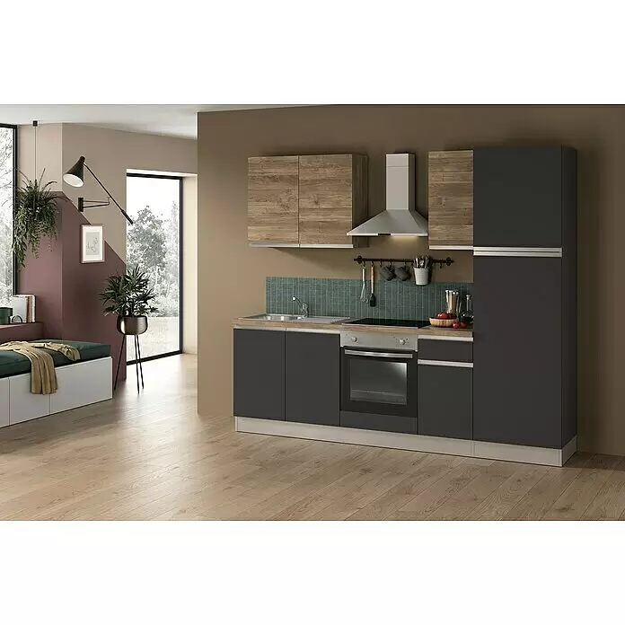 Marinelli Cucine Vormontierte Küchenzeile Ametista - Breite: 250 cm, Anthrazit/Nuss, Mit Elektrogeräten, Spüle rechts - Stimmungsaufnahme