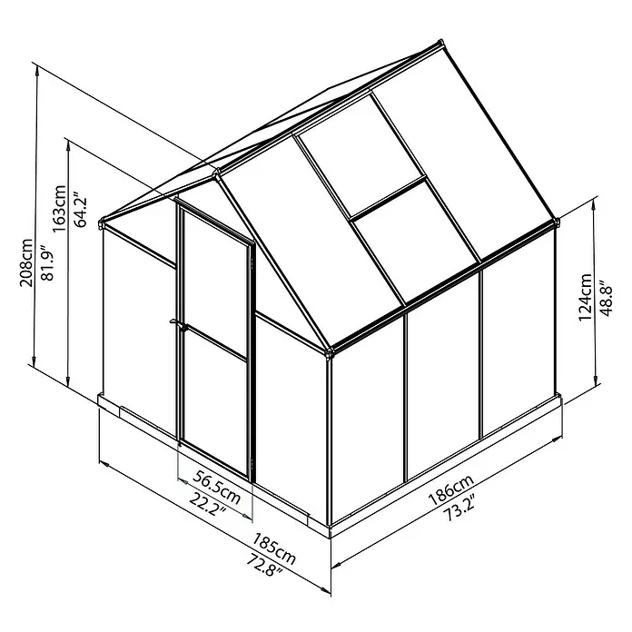Palram – Canopia Gewächshaus Mythos 6x6 - Außenmaß inkl. Dachüberstand (B x T): 185 x 186 cm, 4 mm, Silber/Transparent - Abbildung eines Gewächshauses mit Maßangaben zu Höhe, Breite und Tiefe in Zentimetern und Zoll.