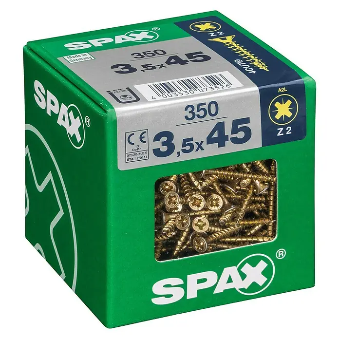 Spax Universalschraube - 3,5 x 45 mm, Vollgewinde, 350 Stk. - Eine grüne Packung SPAX Universalschrauben mit Senkkopf und Kreuzschlitz, Größe 3,5x45 mm, ideal für vielfältige Anwendungen im Innen- und Außenbereich.