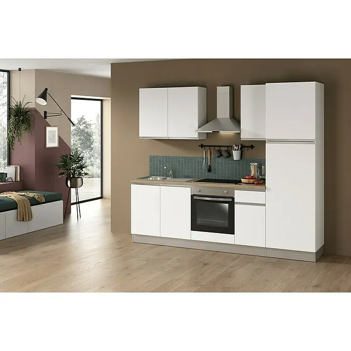 Marinelli Cucine Vormontierte Küchenzeile Luce - Breite: 250 cm, Weiß, Mit Elektrogeräten, Spüle links - Küchenzeile in modernem Design mit weißen Schränken, Spüle und Elektrogeräten, perfekt für kleine Räume. Funktionalität trifft auf Ästhetik.