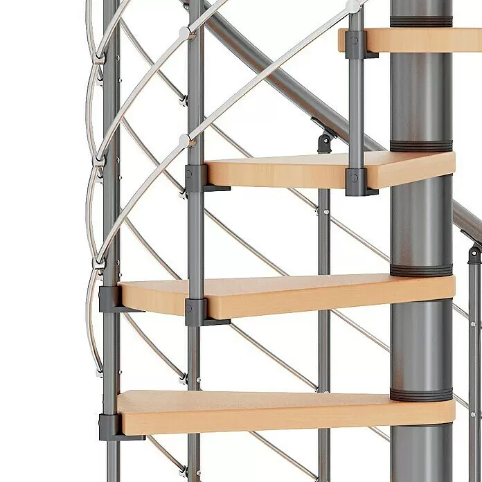 Dolle Spindeltreppe Oslo - Durchmesser: 120 cm, Grau, Farbe Stufen: Buche Natur, Geschosshöhe: 294 cm - 322 cm - Wendeltreppe mit hellen Holzstufen, dunkelgrauer Metallsäule und -stützen sowie silbernem Metallgeländer mit diagonalen Stäben.