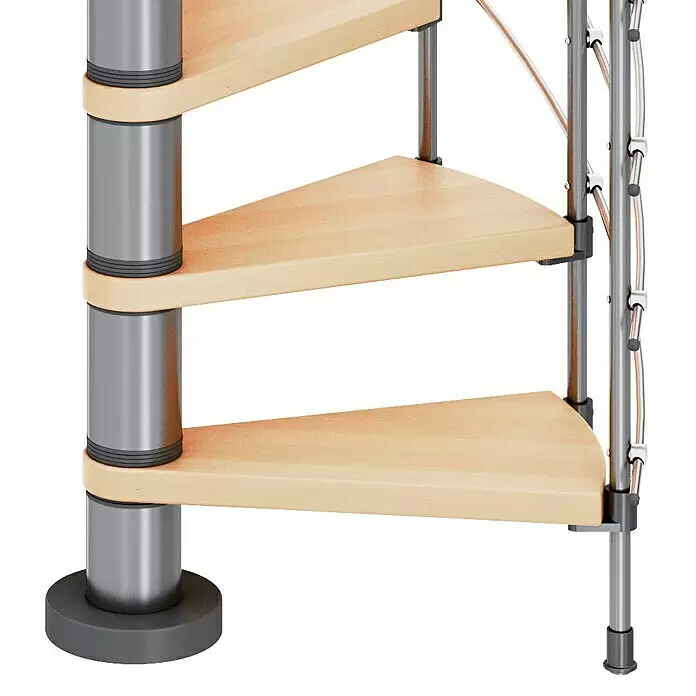 Dolle Spindeltreppe Oslo - Durchmesser: 120 cm, Grau, Farbe Stufen: Buche Natur, Geschosshöhe: 294 cm - 322 cm - Wendeltreppe aus hellem Holz mit silbernem Metallpfosten und vertikalen Stützen.